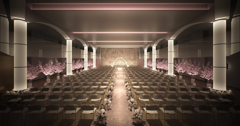 Elegant Hamilton Hotel Prefunction, perfect for weddings and formal events, with floral backdrop.