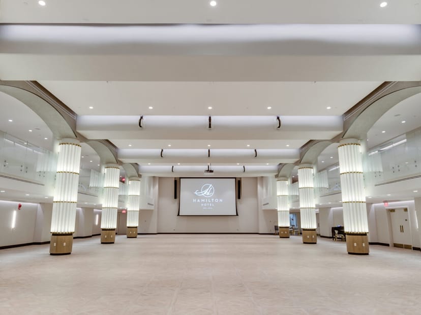 Elegant event venue with high ceilings, ideal for conferences and banquets in Hamilton.