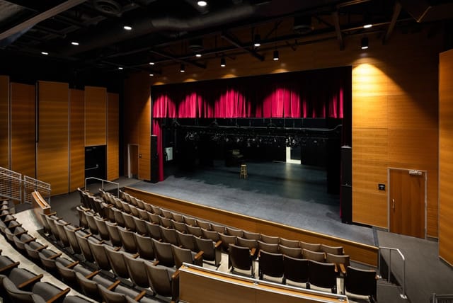 Intimate DeLUXE Theater with tiered seating for presentations and performances.