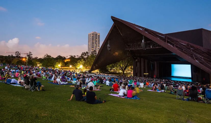 Main Stage at Miller Outdoor Theatre, unique design for outdoor performances and movie screenings.