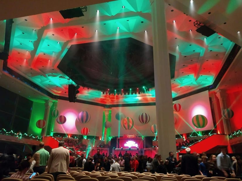 Cypress Campus event space with vibrant ceiling design for parties and corporate events.