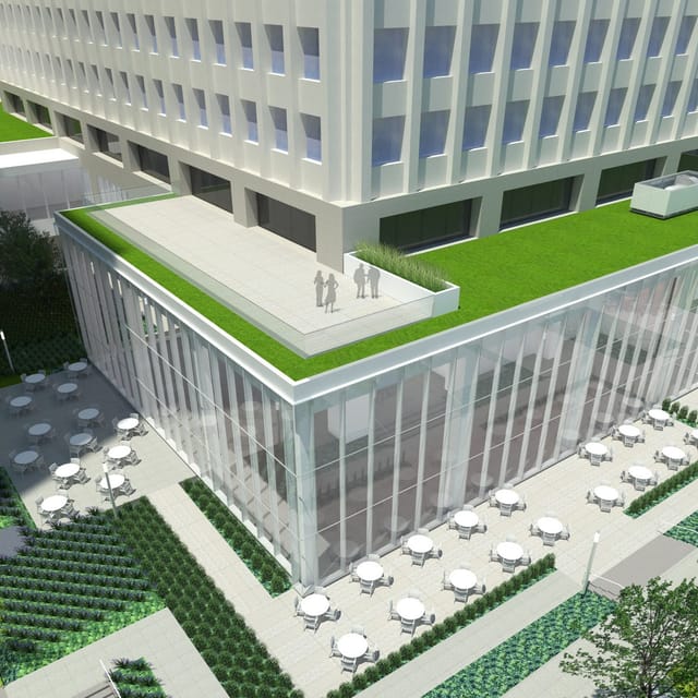 Event lawns at Allen Center with rooftop terrace, ideal for upscale networking receptions.