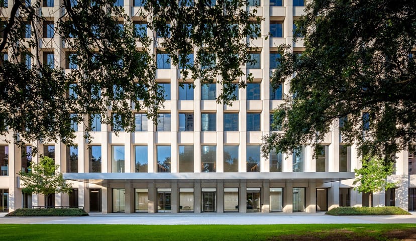 Modern Allen Center event lawns with sleek façade and lush greenery, ideal for conferences.