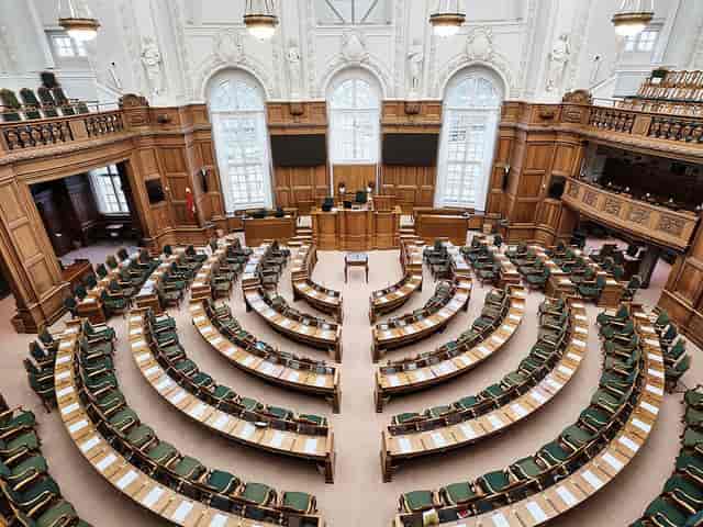 Main Hall of Danish Institute, tiered seating for large meetings and formal events.