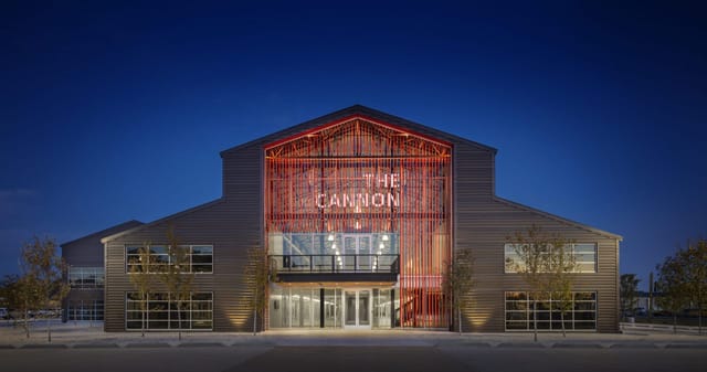 Lounge in The Cannon: modern venue with glass architecture for events and receptions.