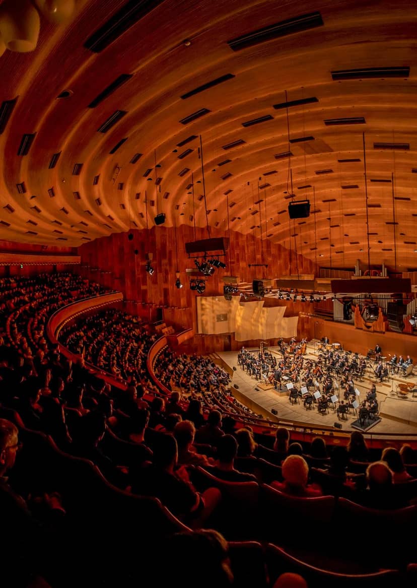 Stunning Copenhagen concert hall with warm wood, ideal for performances and corporate events.