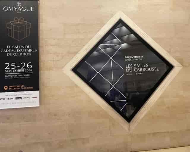 Stylish event entrance at Salon Omyague for upcoming trade show in Paris.