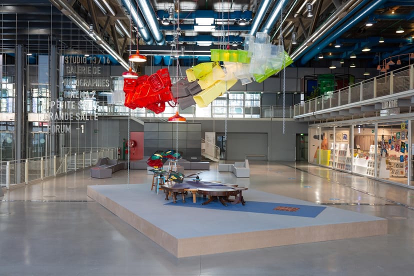 Modern event space in Centre Pompidou, featuring a vibrant artistic installation.