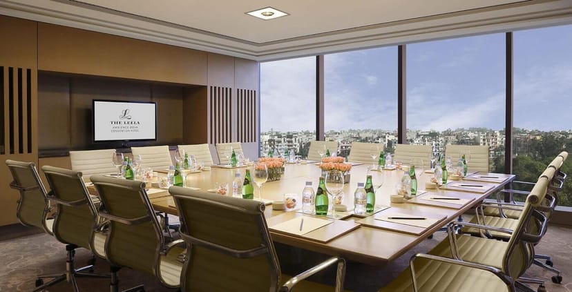 Modern conference room with large windows for professional meetings at The Nest Hotel