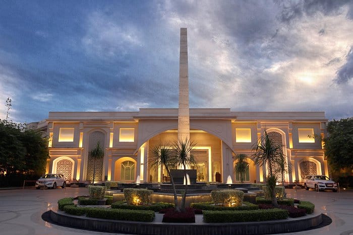 Elegant venue at The Umrao with grand facade for upscale meetings and events.