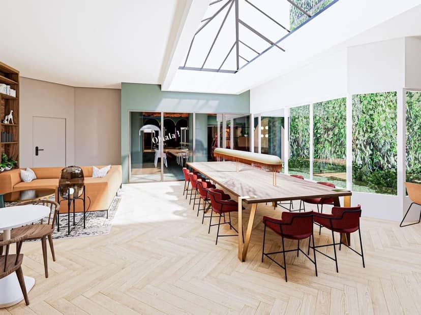 Modern meeting room with large windows for corporate retreats and creative sessions.