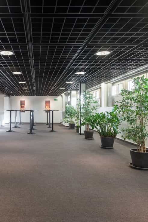 Modern seminar room with high cocktail tables, ideal for networking events and receptions.