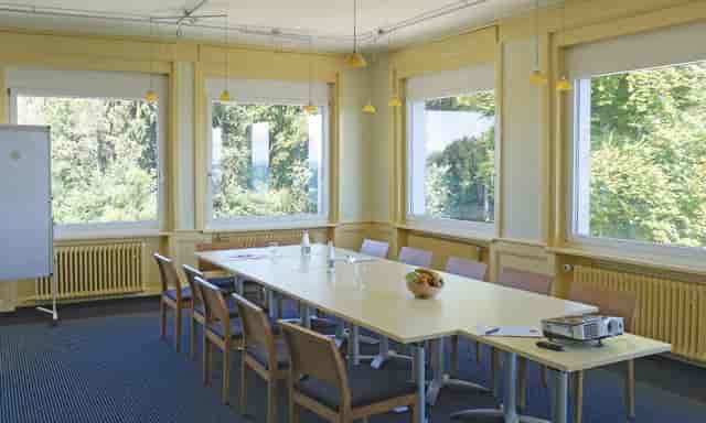 Well-lit Felsenegg Seminar Room with long table, ideal for professional meetings and presentations.