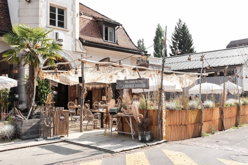 Outdoor rustic bar at Lennox Restaurant, ideal for casual meetings and networking events.