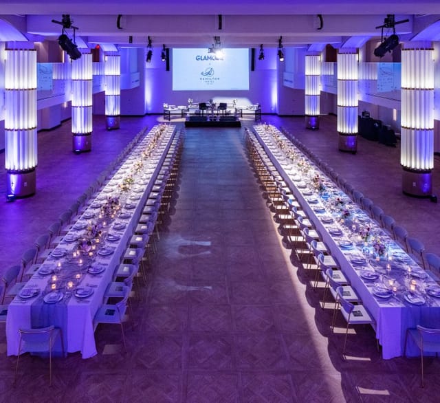 Elegant dinner setup at The Schuyler in Hamilton Hotel, perfect for events and networking.