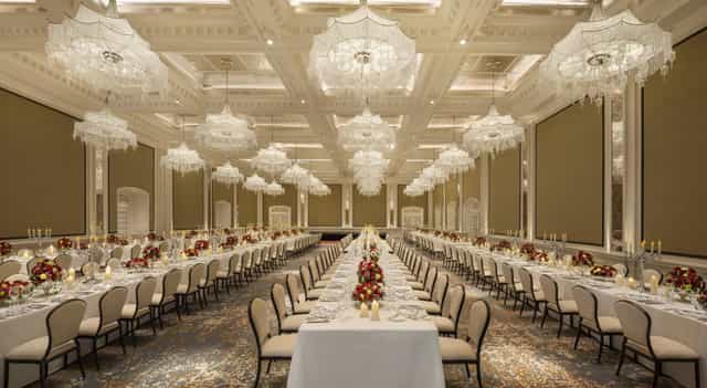 Jubilee Ballroom at Raffles Singapore, elegant banquet hall for weddings and galas.