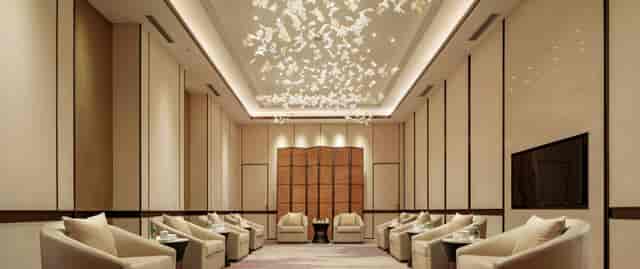 Elegant Conference Hall at Hilton Chengdu with butterfly ceiling for corporate events.