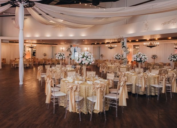 Elegant Tuscany A Ballroom in Pelazzio, gold and white decor for weddings or corporate events.
