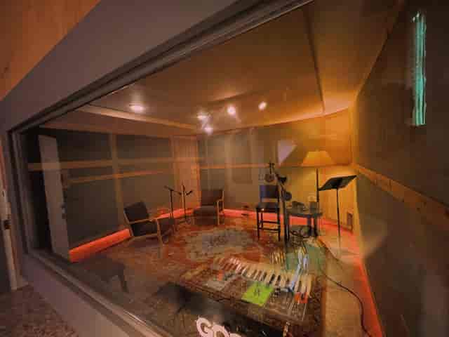 Recording studio at GoodPeeples Studios with cozy seating for events and podcasts.