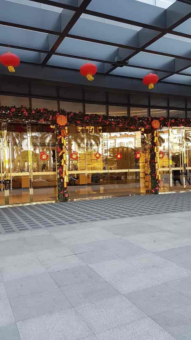 Elegant entrance of Peninsula International Banquet Hall, perfect for holiday gatherings.