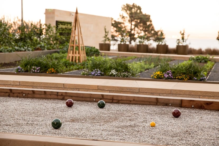 Heated Terrace with bocce court for elegant outdoor team-building events.