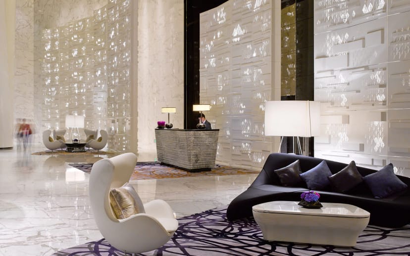 Sophisticated meeting room lobby at International Finance Center, Guangzhou for conferences.