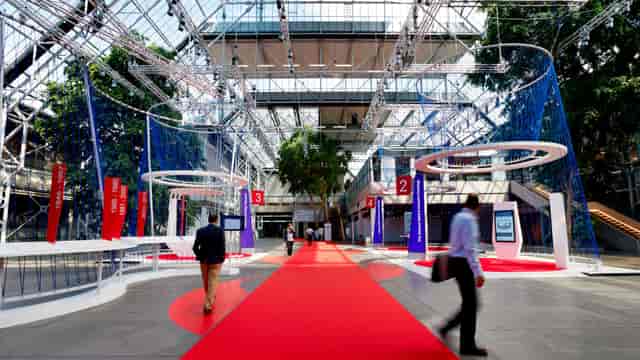 Modern Bella Center exhibition space with red carpet, ideal for trade shows and networking.