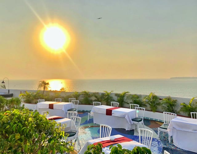 Outdoor event space at Allamanda Terrace with sunset views, perfect for receptions and dinners.