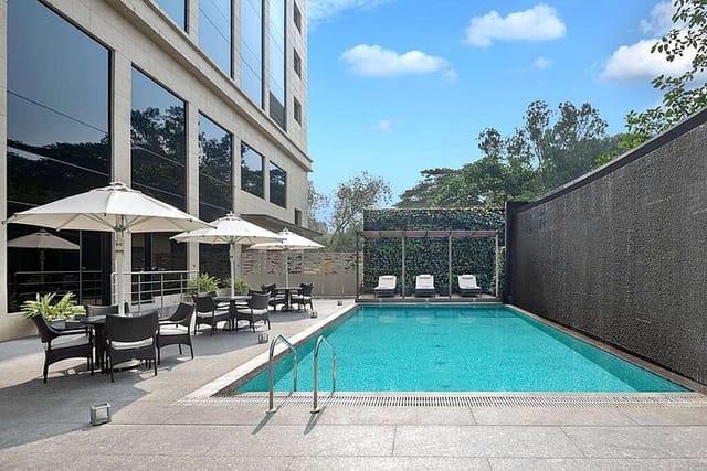 Stylish outdoor pool at Radisson Mumbai for niche events and networking.