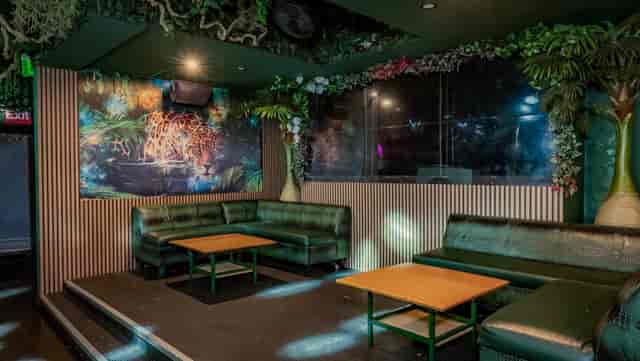 Vibrant lounge in Jungle Hollywood for intimate gatherings and events with lush greenery.
