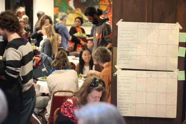 Lively networking event at The Olive Bar with engaged attendees and interactive boards.