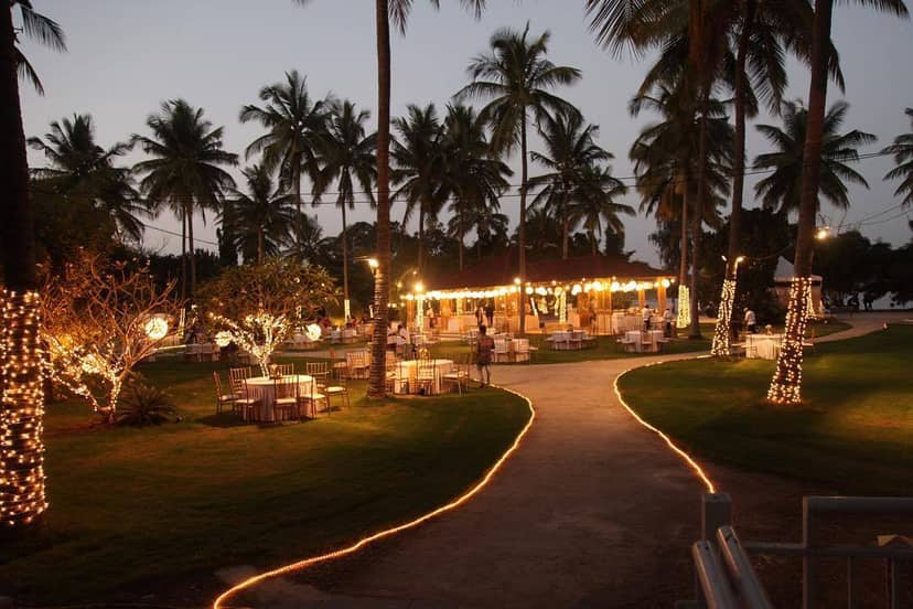 Opa Banquet Hall outdoor venue with sparkling lights, perfect for receptions and celebrations.