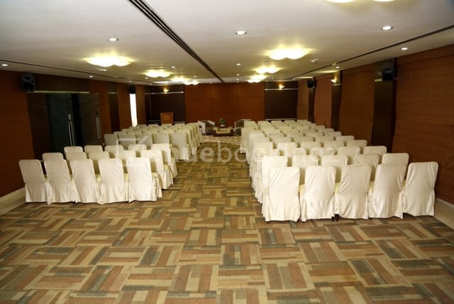 Event space at The Verda Saffron, featuring organized chairs for meetings and presentations.