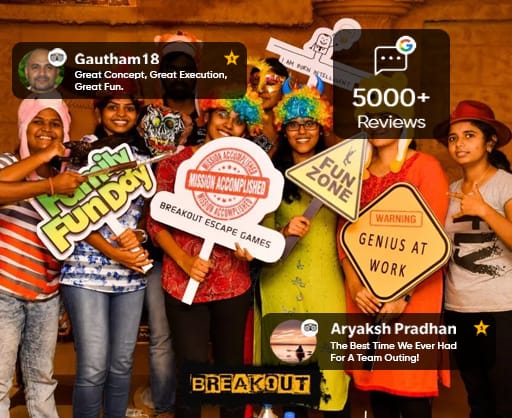 Vibrant group in colorful escape room event with playful props and engaging decor