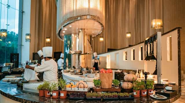 ALBA open kitchen at JW Marriott Bengaluru, elegant live cooking for upscale events.