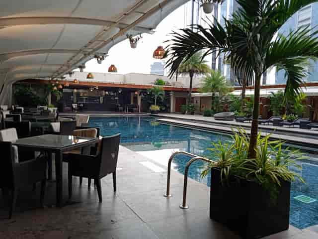 "Ballroom 2 at JW Marriott Bengaluru: Elegant poolside venue for events and gatherings."