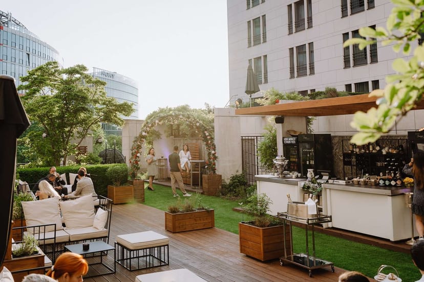 Elegant rooftop garden at The Ritz-Carlton, perfect for cocktail receptions and celebrations.