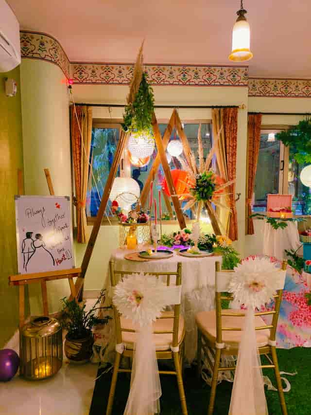 Private Peacock Garden Restro Lounge with elegant floral décor for intimate gatherings and weddings.