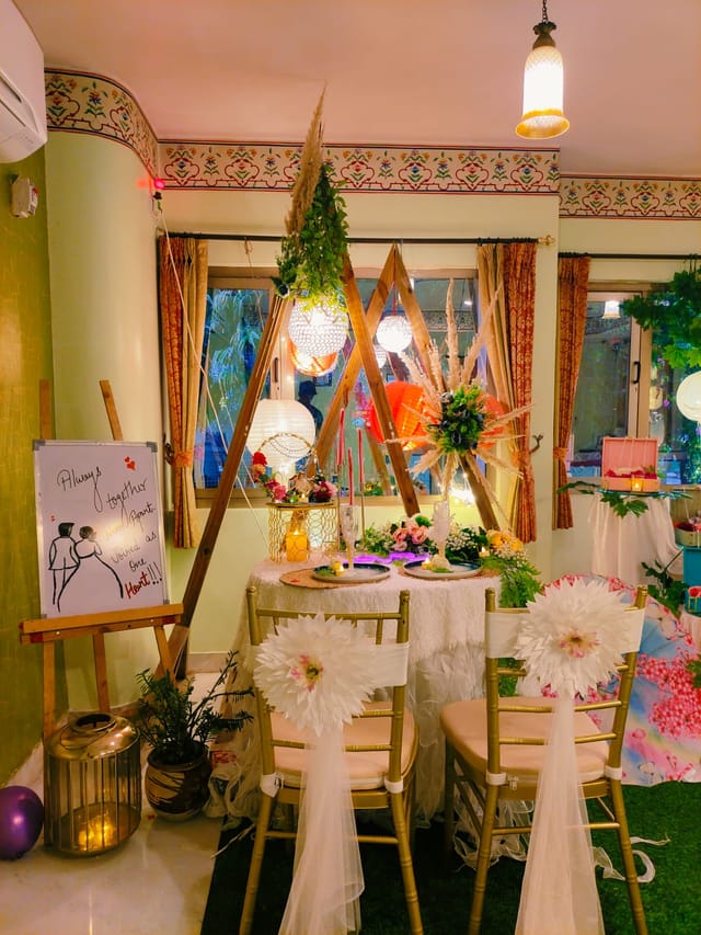 Private Peacock Garden Restro Lounge with elegant floral décor for intimate gatherings and weddings.