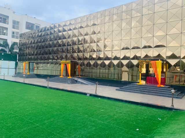 Thee Crystal Palace Banquet Hall with modern façade, perfect for weddings and events.