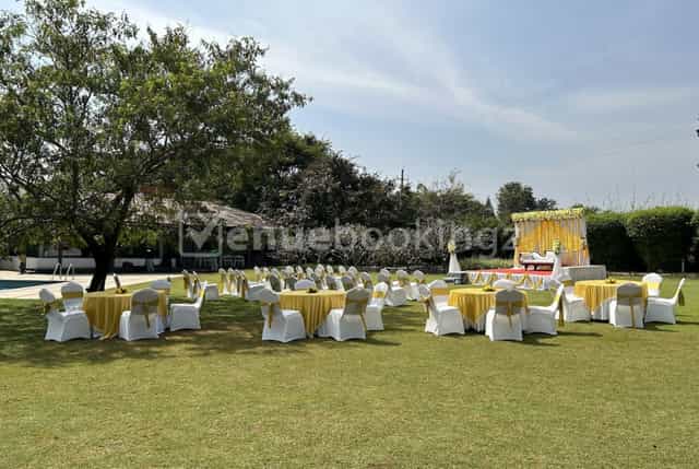 Outdoor event setup with yellow tables in tranquil woods for garden party or corporate gathering.