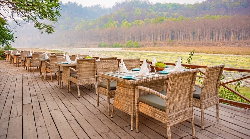 Kosi Deck outdoor dining area at Riverview Retreat, ideal for corporate retreats and events.