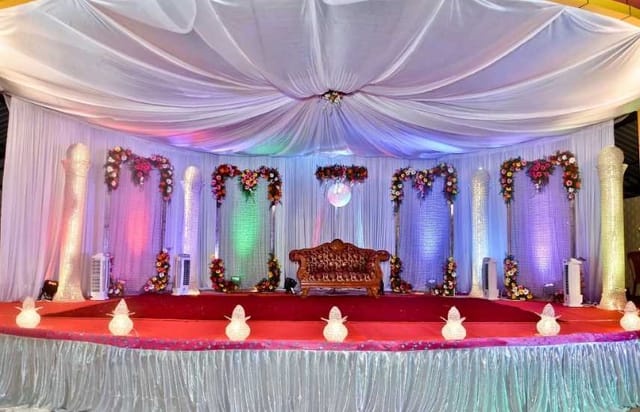 Elegant event stage at Samrat Gardens Banquet Hall, perfect for weddings and gala events.