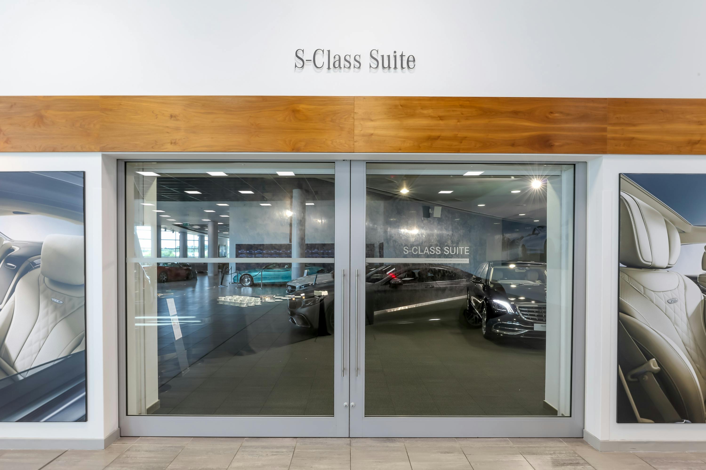S-Class Suite entrance at Mercedes-Benz World, ideal for upscale corporate events.