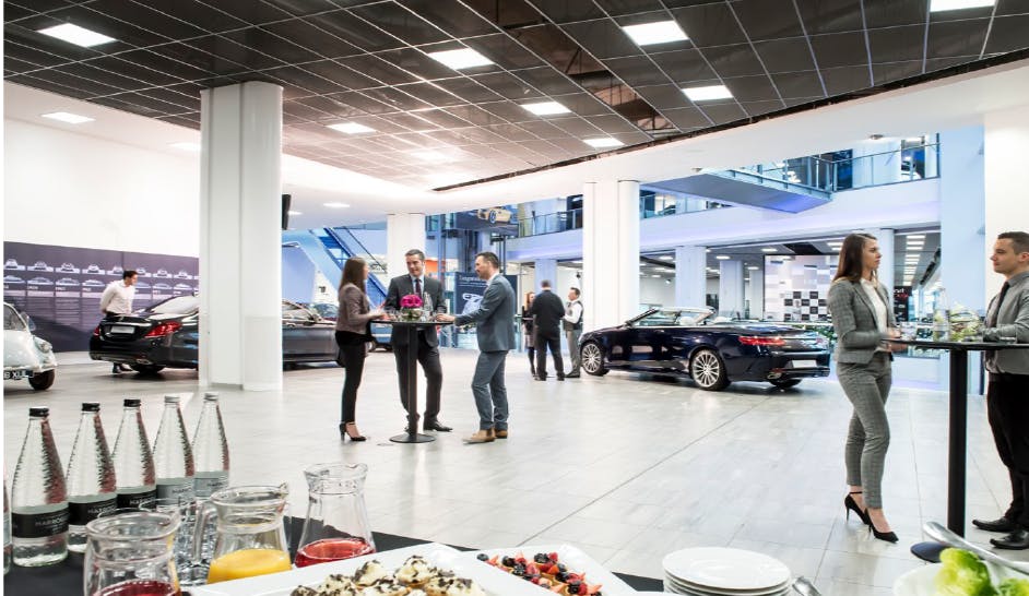 S-Class Suite at Mercedes-Benz World: modern event space for corporate gatherings and launches.