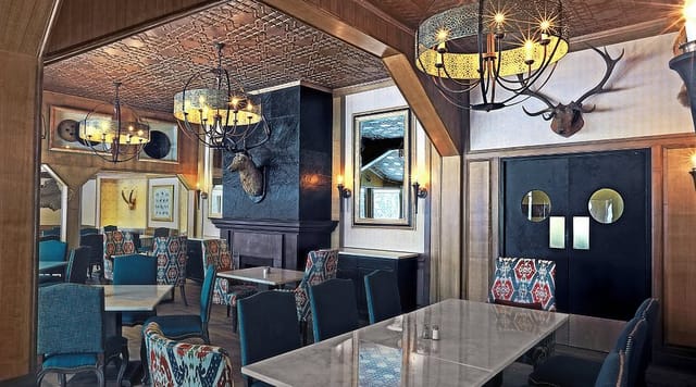 Stylish rustic event space at Fine Dine Restaurant, perfect for gatherings and workshops.