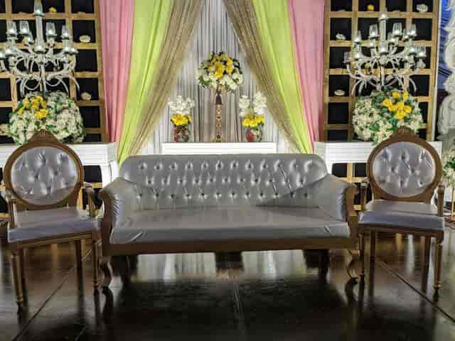 Elegant event seating area in Bukhara Royale with plush sofas for formal celebrations.