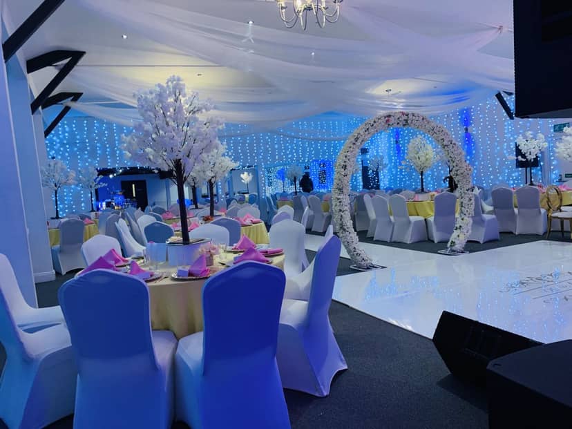 Sapphire Ballroom with floral arch, elegant wedding venue for events and gatherings.