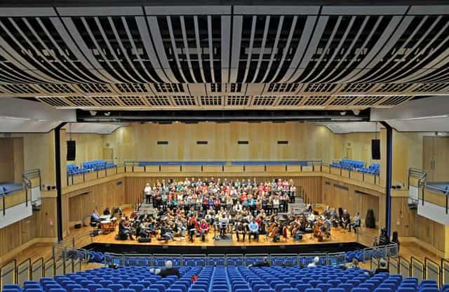 Saffron Hall concert venue with tiered seating for performances and events.