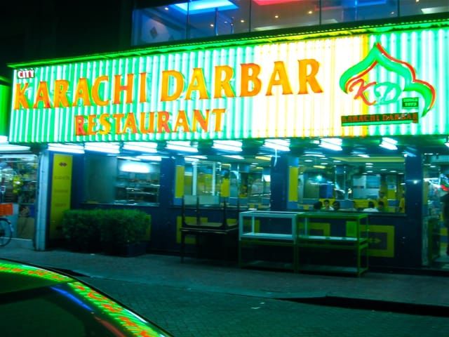 Vibrant Karachi Darbar Restaurant exterior, ideal for casual dining events and gatherings.